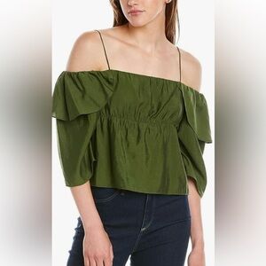 VINCE Paneled Off The Shoulder Cami Camisole Womens XS Green Ruffle Crop Top